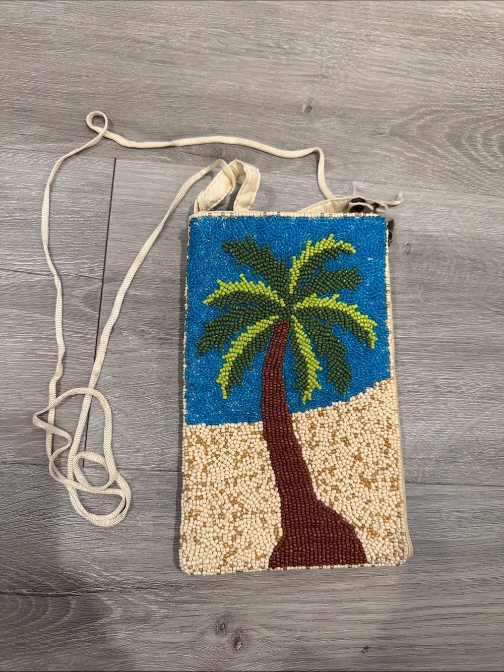 Beaded Palm Tree Crossbody Bag in Blue and Beige